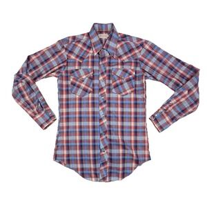 VTG H Bar C Ranchwear Red Blue Plaid Pearl Snap Shirt Long Tail Size Medium
